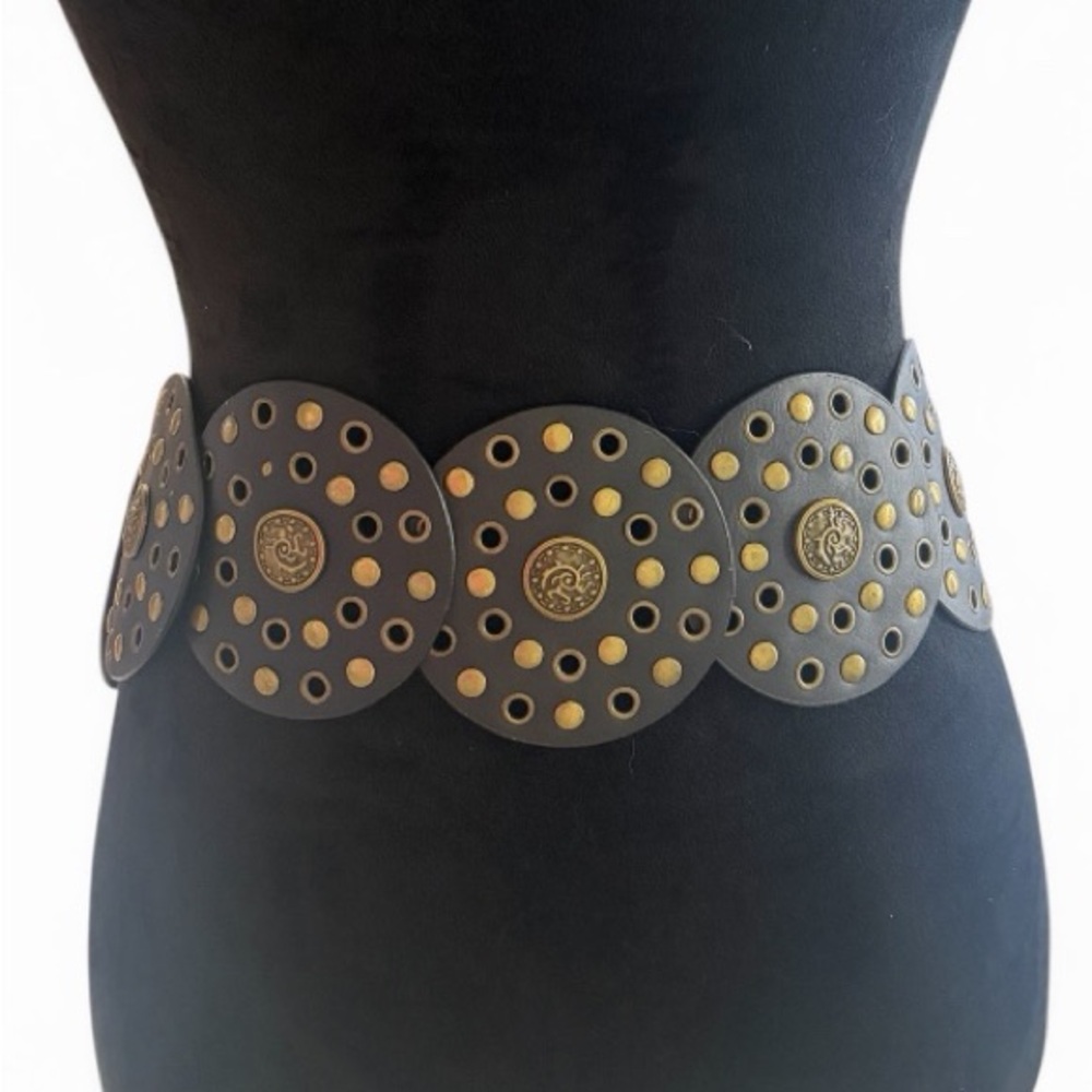 Black, Gold Circle Stud Waist statement belt, OS Adjustable Bohemian,Western New - Picture 7 of 7